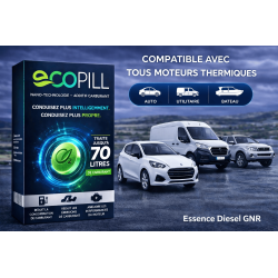 Ecopill 70L  additif aux carburants innovant et multitâche pour véhicules légers, utilitaires et nautiques à moteur thermique.