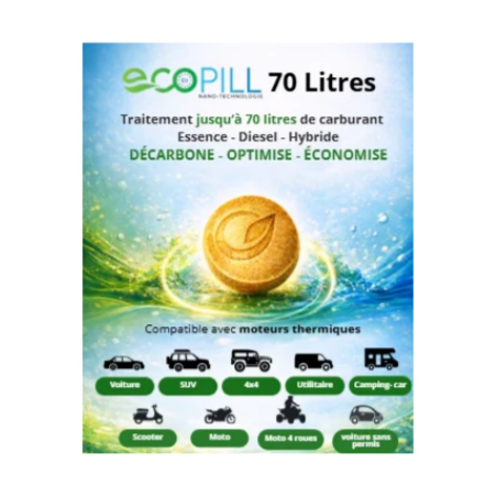 Ecopill 70L  additif aux carburants innovant et multitâche pour véhicules légers, utilitaires et nautiques à moteur thermique.