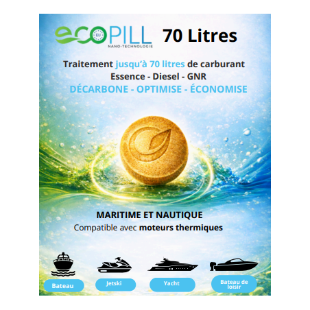 Ecopill 70L  additif aux carburants innovant et multitâche pour véhicules légers, utilitaires et nautiques à moteur thermique.